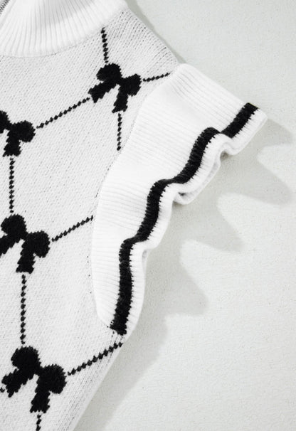 White Zipper Sweater with Black Bow Print
