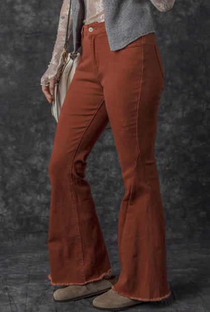 Rust Bell Bottom Jeans with frayed edge