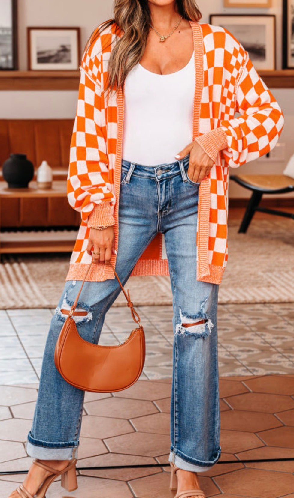 MLOW Orange and White Checkered Open Front Cardigan Sweater