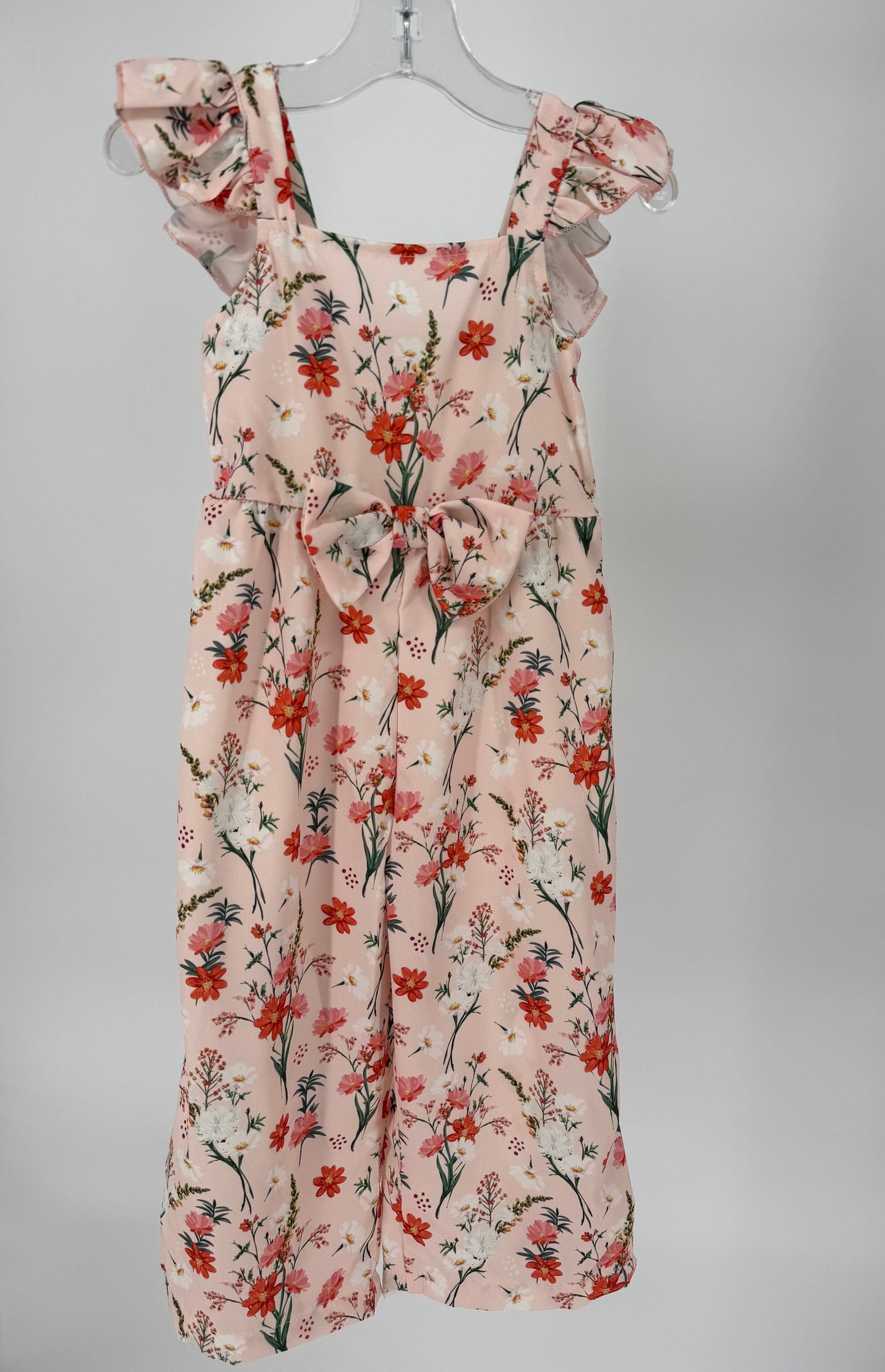 CH16 Toddler Children's Floral Print Wide Leg Jumpsuit with Bow Accent and Elastic Back Bodice