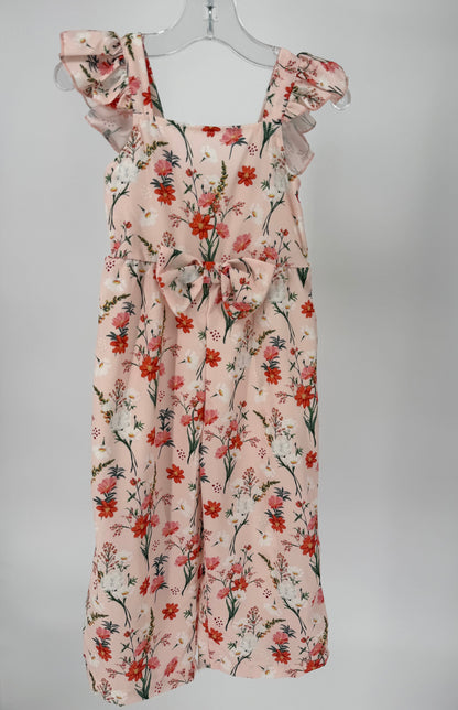 CH16 Toddler Children's Floral Print Wide Leg Jumpsuit with Bow Accent and Elastic Back Bodice