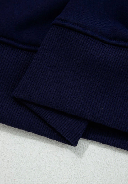 MLCKO Classy Until Kickoff Plush Lettered Cropped Oversized Sweatshirt in Navy