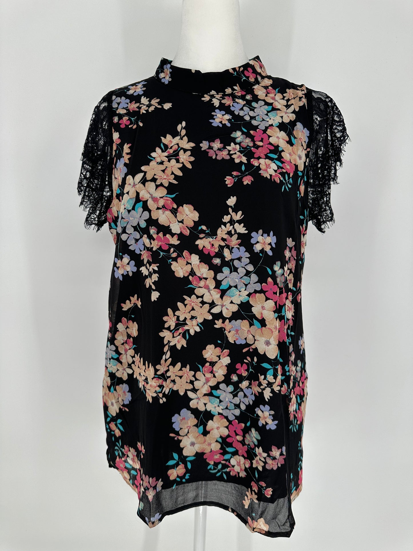 Black Floral Blouse with eyelash sleeves and back neck tie