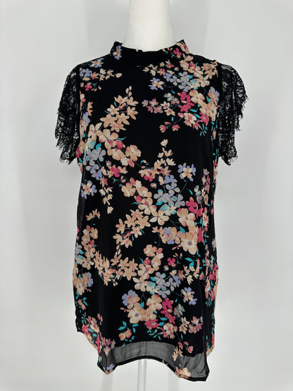 Black Floral Blouse with eyelash sleeves and back neck tie