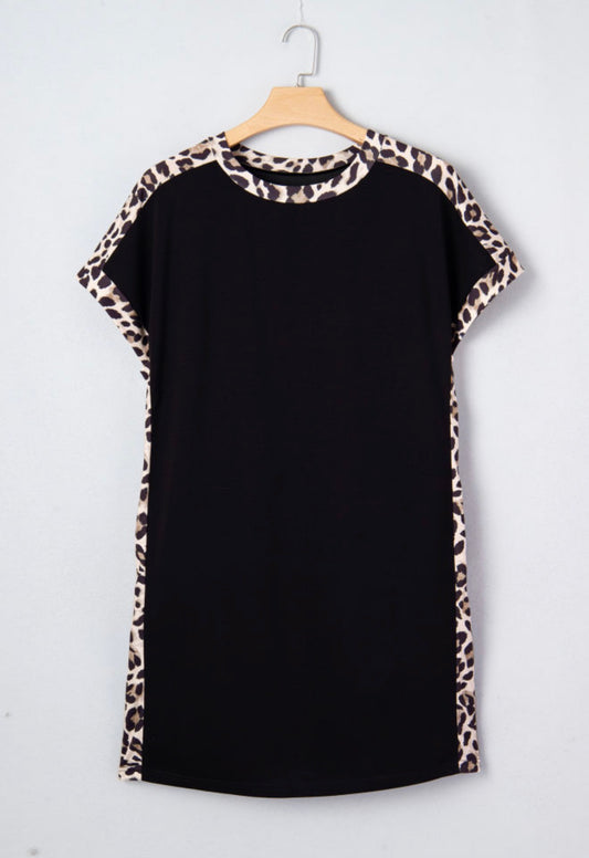 PP17 Black Shift T Shirt Dress with Pockets and Animal Print Accents