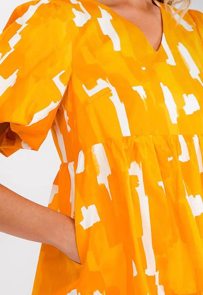 OWDF Orange and White Puff Sleeve Swing Dress