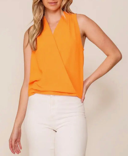 TN11 Orange Game Day Criss Cross Sleeveless Delicately Pleated Elastic Waist Top
