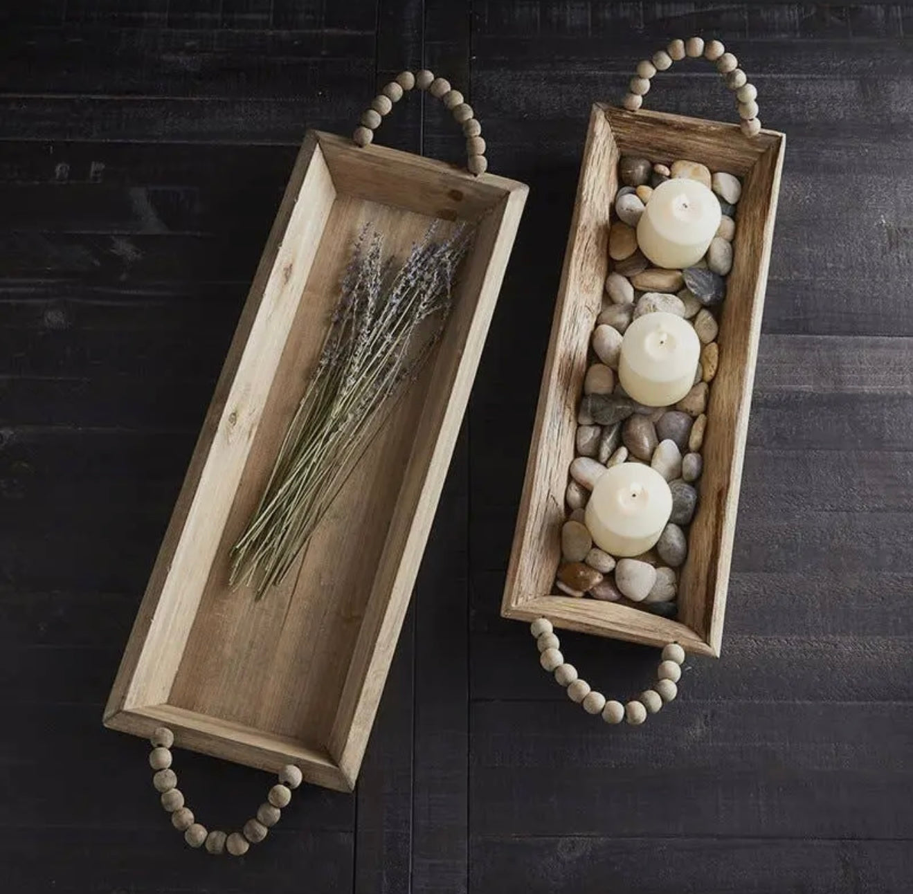 Wooden Tray with Beaded Handles