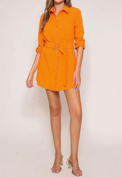 TN10 Orange Stylish Belted Shirt Dress