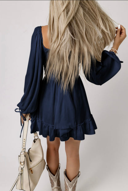A20 Navy Ruffle Hem Dress with Waist Tie