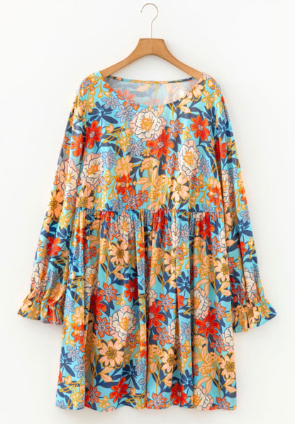 PP36 Floral Print Flowy Mini Dress with Ruffle Long Sleeve and The Softest Most Carefree Fit