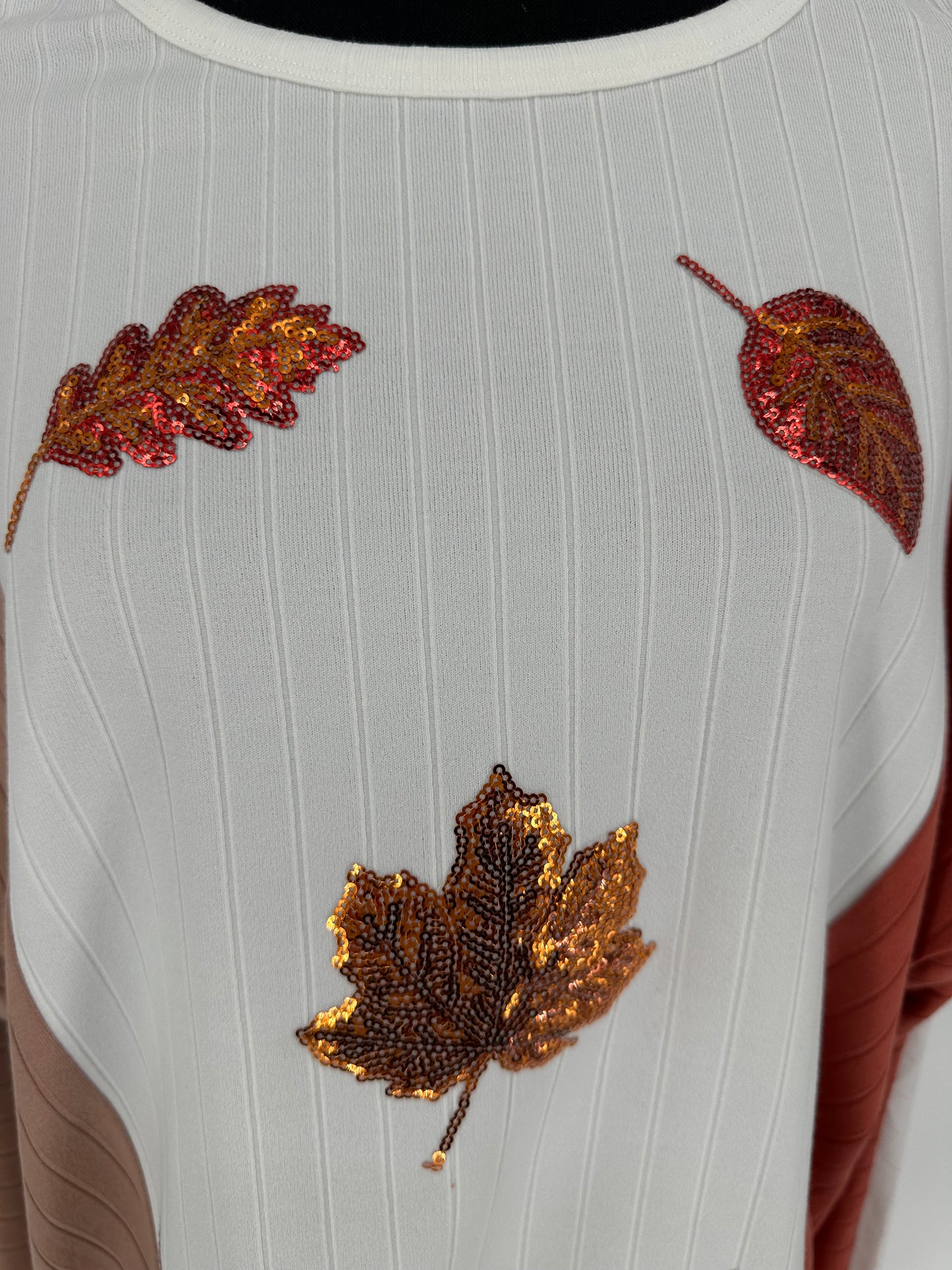 Fall Sequin Leaves Color Block Long Sleeve Top