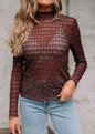 A63 Coffee Color Lattice Design Sheer Long Sleeve Top - Ivy's Gifts & Boutique