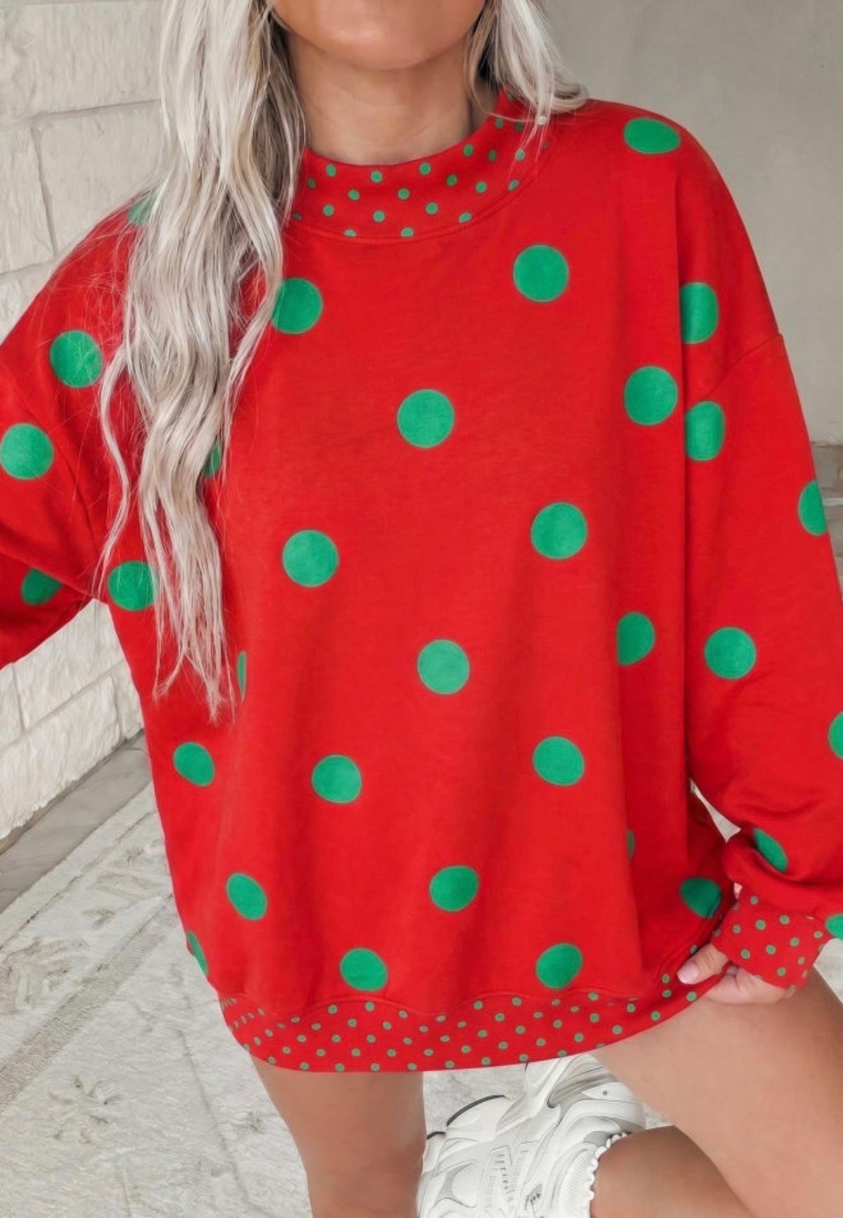 MLRG Red and Green Polka Dot Long Sleeve Oversized Top with Small Polka Dot Accent Trim on Sleeves and Hem