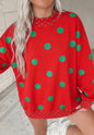 MLRG Red and Green Polka Dot Long Sleeve Oversized Top with Small Polka Dot Accent Trim on Sleeves and Hem