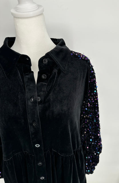 Black Velvet Button Front Dress with Sequin Sleeves