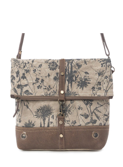 MY7 MYRA BRAND Tazzie Floral Accent Printed Canvas Crossbody Shoulder Bag with Zipped Fold Over and Secure Latch for Added Style and Security