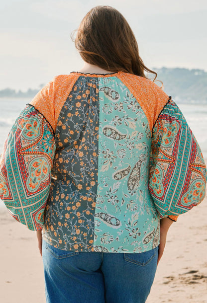 Multi Print Button Up Blouse with Elastic Cuff Sleeves