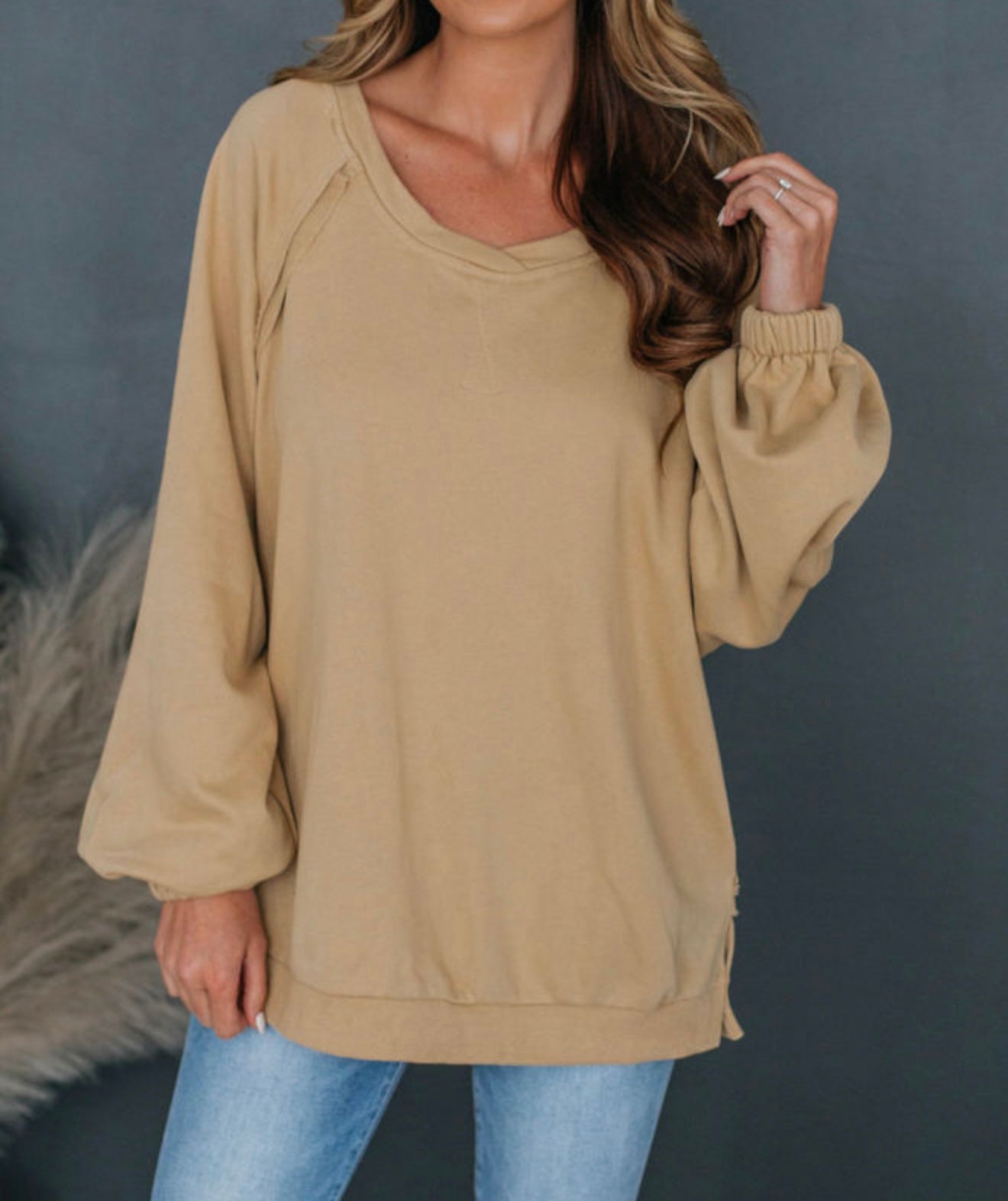 Beige sweatshirt w/v cut out back