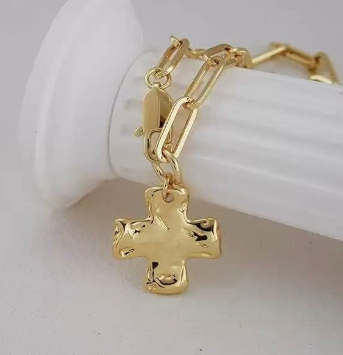 Dainty gold hammered cross pendant on paper clip link chain, jewelry by Ivy's Gifts & Boutique