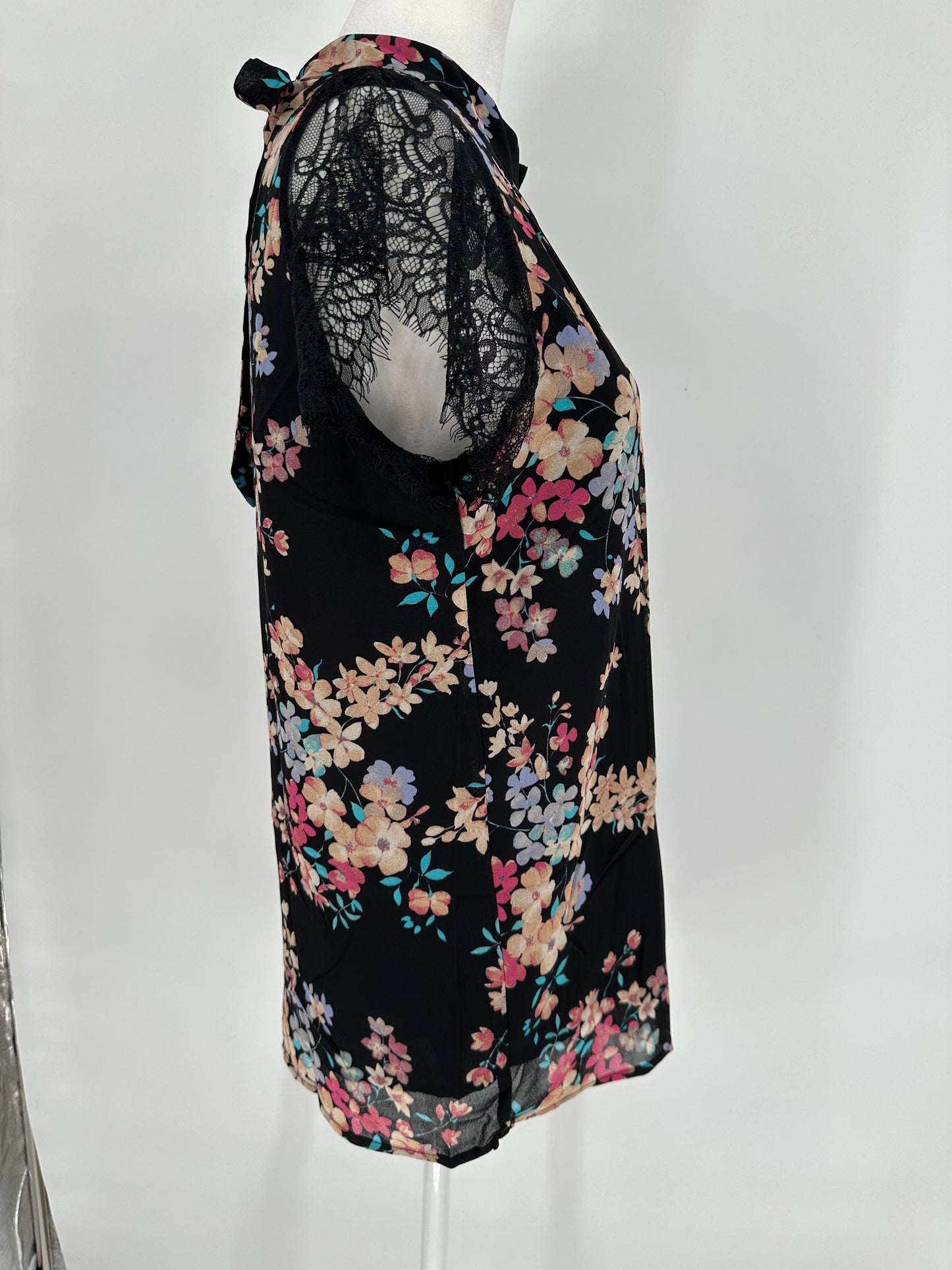 Black Floral Blouse with eyelash sleeves and back neck tie