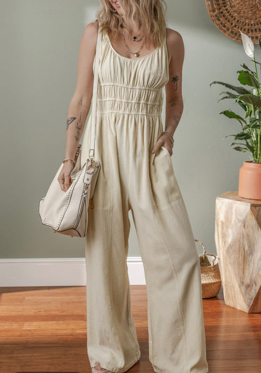Oatmeal elastic waist jumpsuit with adjustable straps