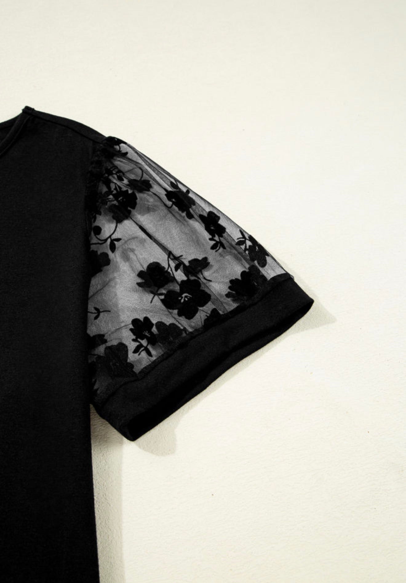 PP35 Black V Neck Top with Sexy Sheer Floral Sleeves and Neck