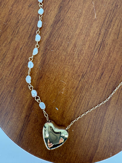 Trezo Gold Heart and Pearl necklace with Crystal Heart Accent