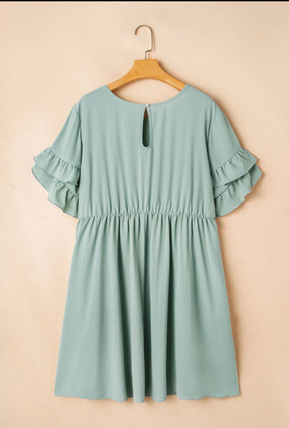 PP33 Petal Design Ruffle Short Sleeve Mini Flared Dress with Keyhole Back Closure