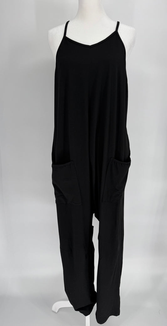Black Loose Fit Overalls with Pockets