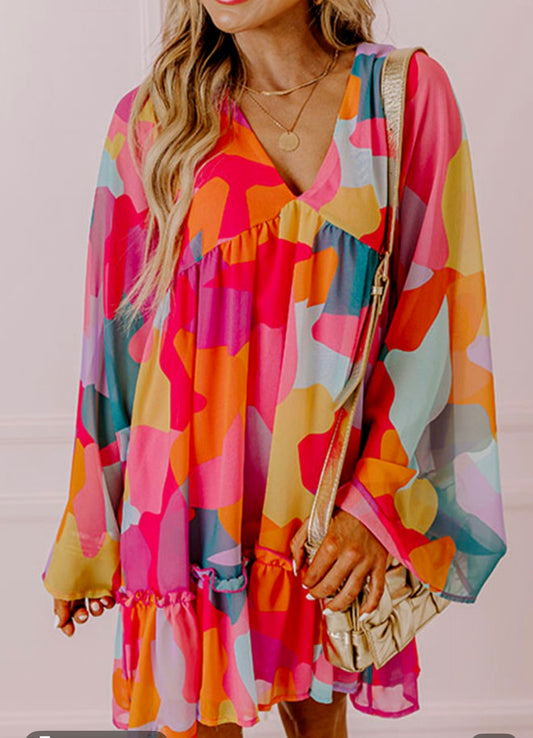 Abstract Bright Printed Baby Doll Dress