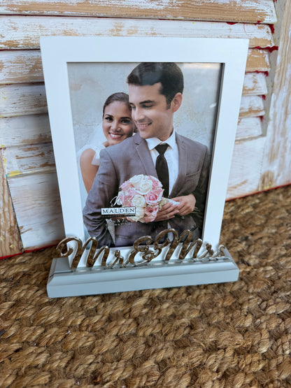 MMM Mr. & Mrs. 5x7 Platform Style Frame with Silver Metal Script  Detail