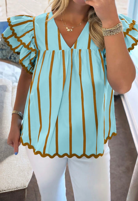 Turquoise and brown striped V-neck blouse with ruffle cap sleeves and ric-rac trim from Ivy's Gifts & Boutique.
