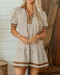 MLBS Brown and White Stripe Dress with Short Puff Sleeves Collar and Split Neckline