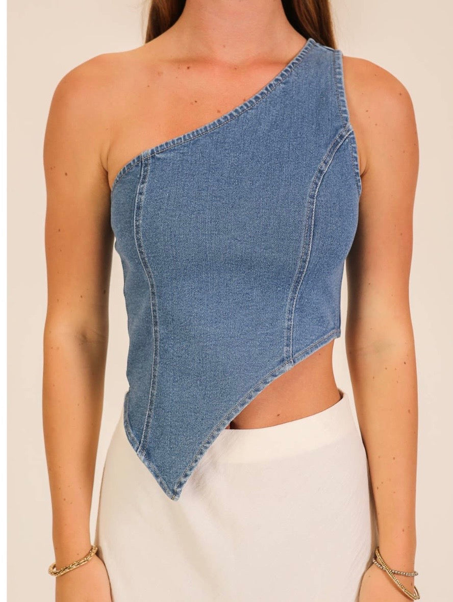 Denim asymmetrical hem off-shoulder top by Ivy's Gifts & Boutique, featuring a stylish off-shoulder design and unique hem detail.