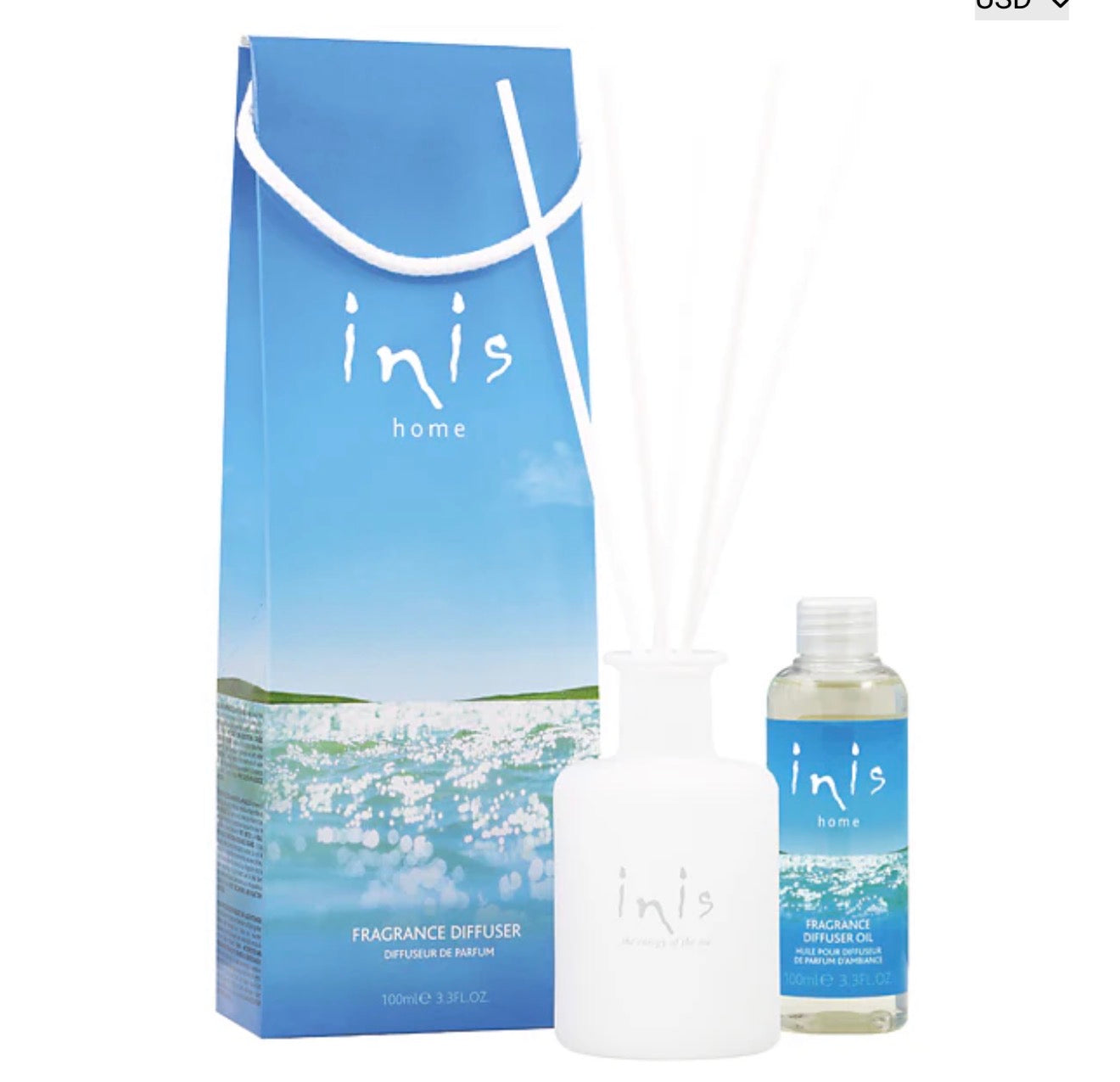 Inis bath and body products set with bottles of lotion and body wash, displayed on a white surface with greenery.
