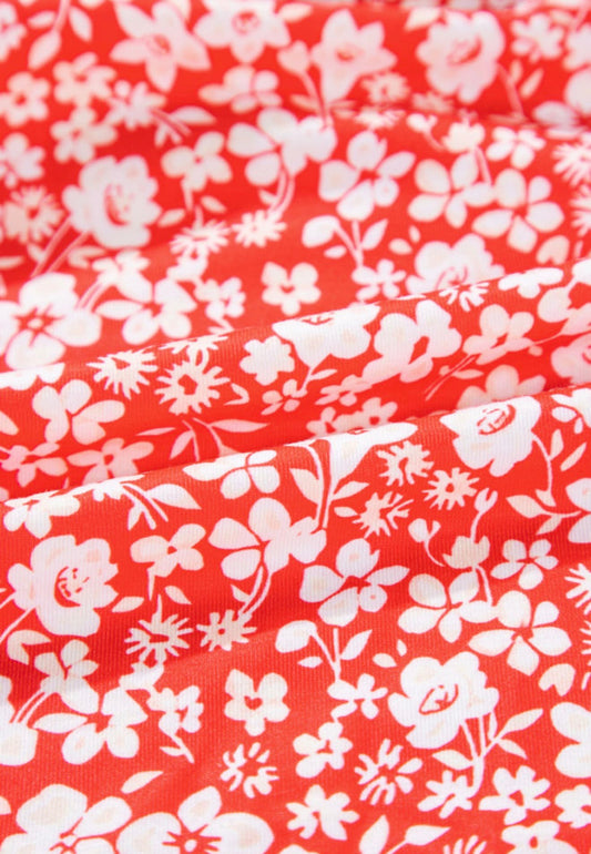 PP30 Red Flare Sleeve V Neck Top with White Floral Detail