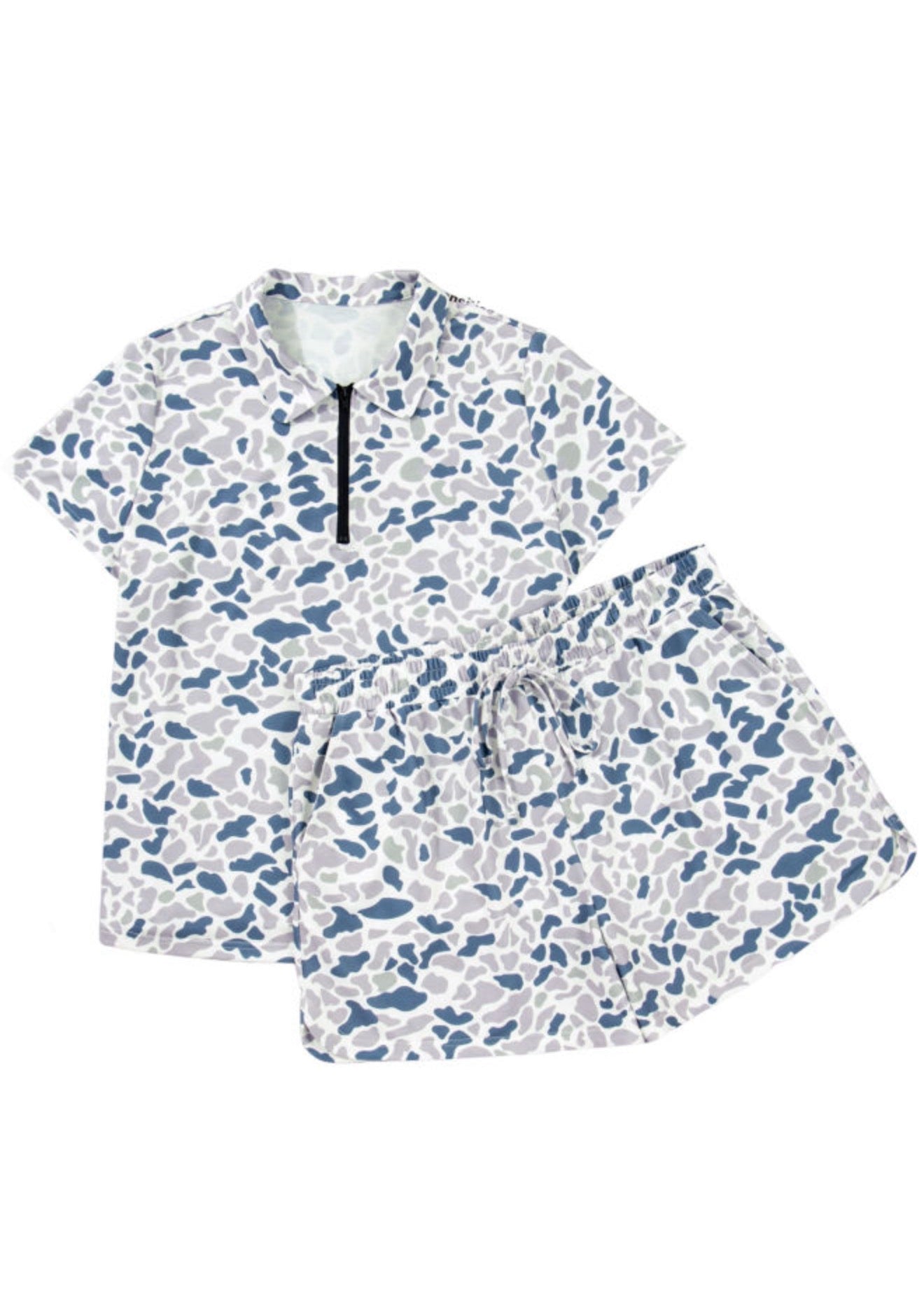 PP21 Camo Print 2pc Short Set with Contrast Color Zip Up Neckline Collar Top and Elasric Waist Drawstring Shorts with Pockets