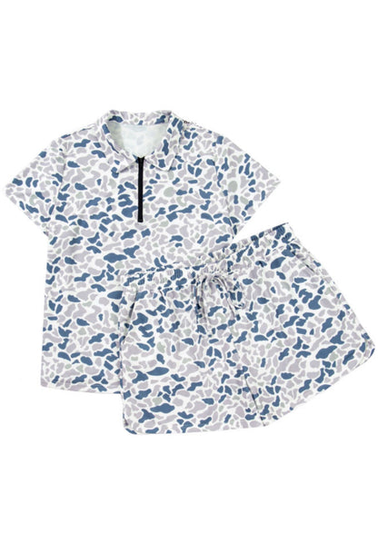 PP21 Camo Print 2pc Short Set with Contrast Color Zip Up Neckline Collar Top and Elasric Waist Drawstring Shorts with Pockets