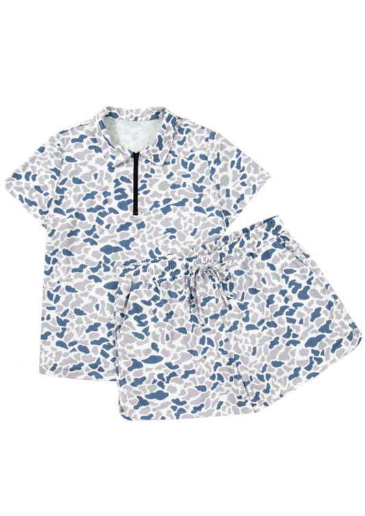 PP21 Camo Print 2pc Short Set with Contrast Color Zip Up Neckline Collar Top and Elasric Waist Drawstring Shorts with Pockets