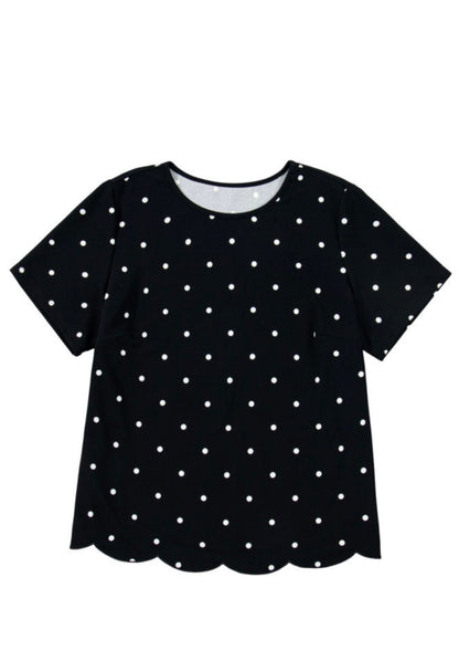 PP1 Black Polka Dot Top with Scallop Hem Detail