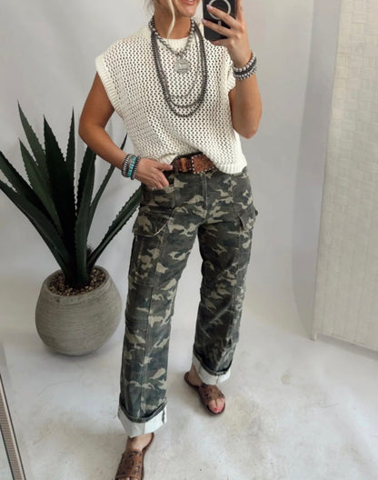 MLCM Camo Print Cargo Wide Leg Pants in Comfy Stretch Denim