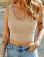 Beige Cropped V-neck Ribbed Tank