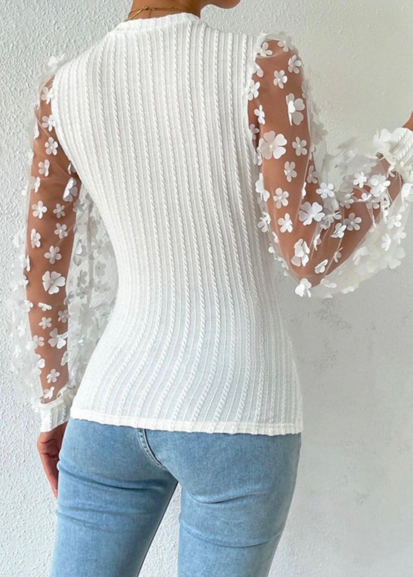 White Sheer Long Sleeved Top with Flower Embelishments