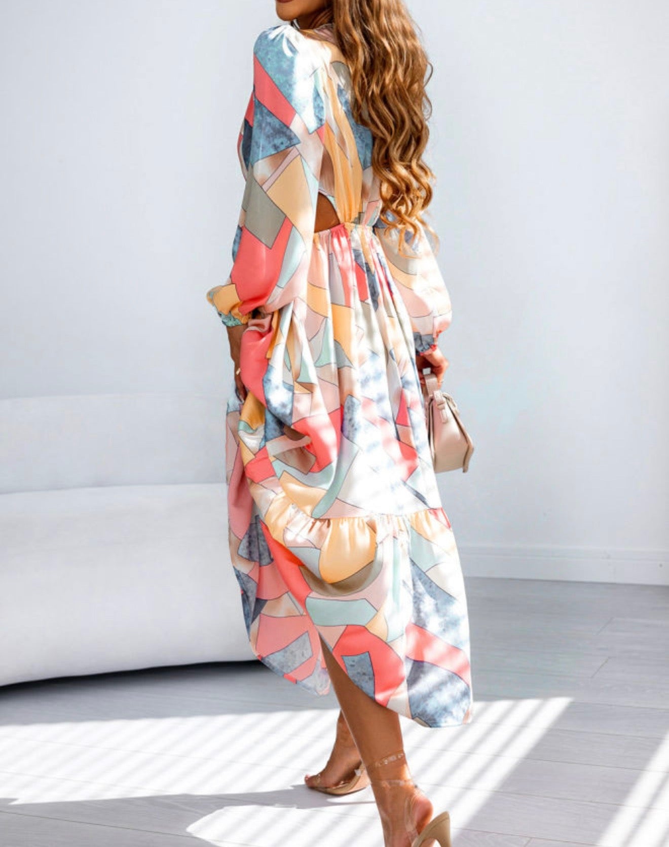 Multi Color Abstract Print O-Ring Accent Dress with side cut outsi
