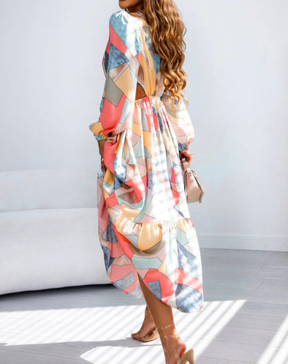 Multi Color Abstract Print O-Ring Accent Dress with side cut outsi