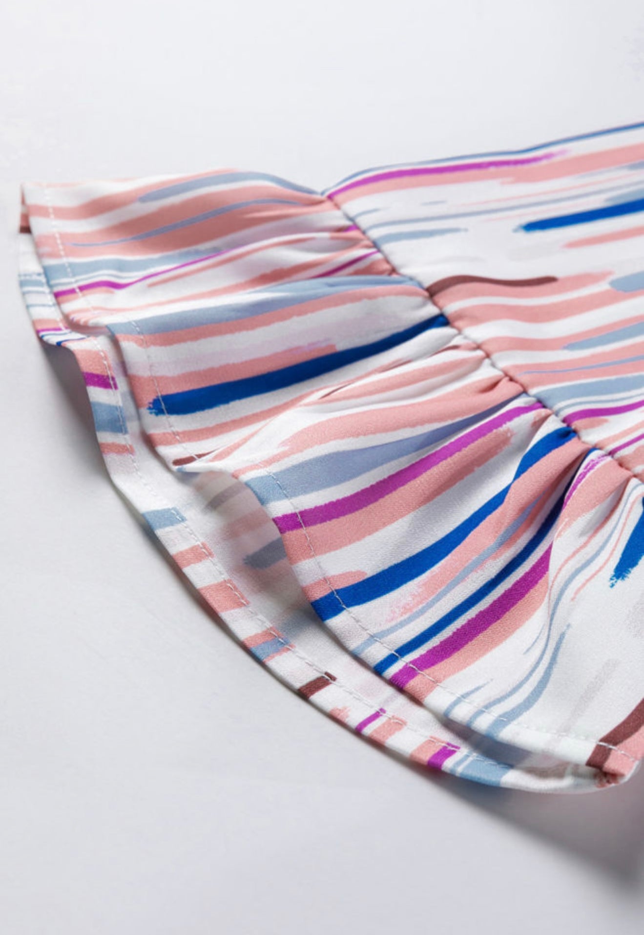 Mauve and Blue Stripe  Design Blouse with Ruffle Hem Sleeve