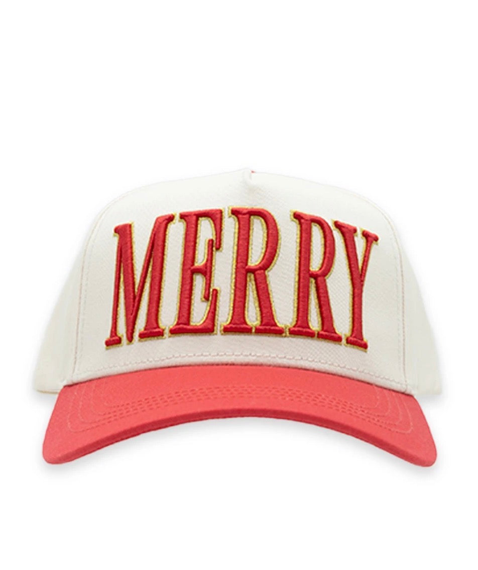 Ivy's Gifts & Boutique SSMC MERRY holiday cap with adjustable snapback, featuring festive red and white design.