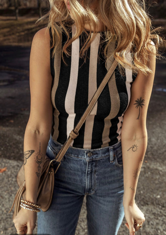 Black sleeveless sweater with Brown Stripes