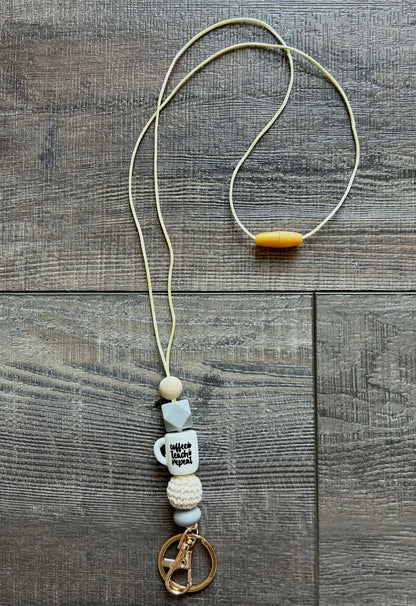 Coffee Teach Repeat Silicone and Crochet Beaded Break Away Lanyard